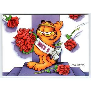 Garfield Miss U Red Roses Postcard Signed Jim Davis Comic Tabby Cat 1978 Unused